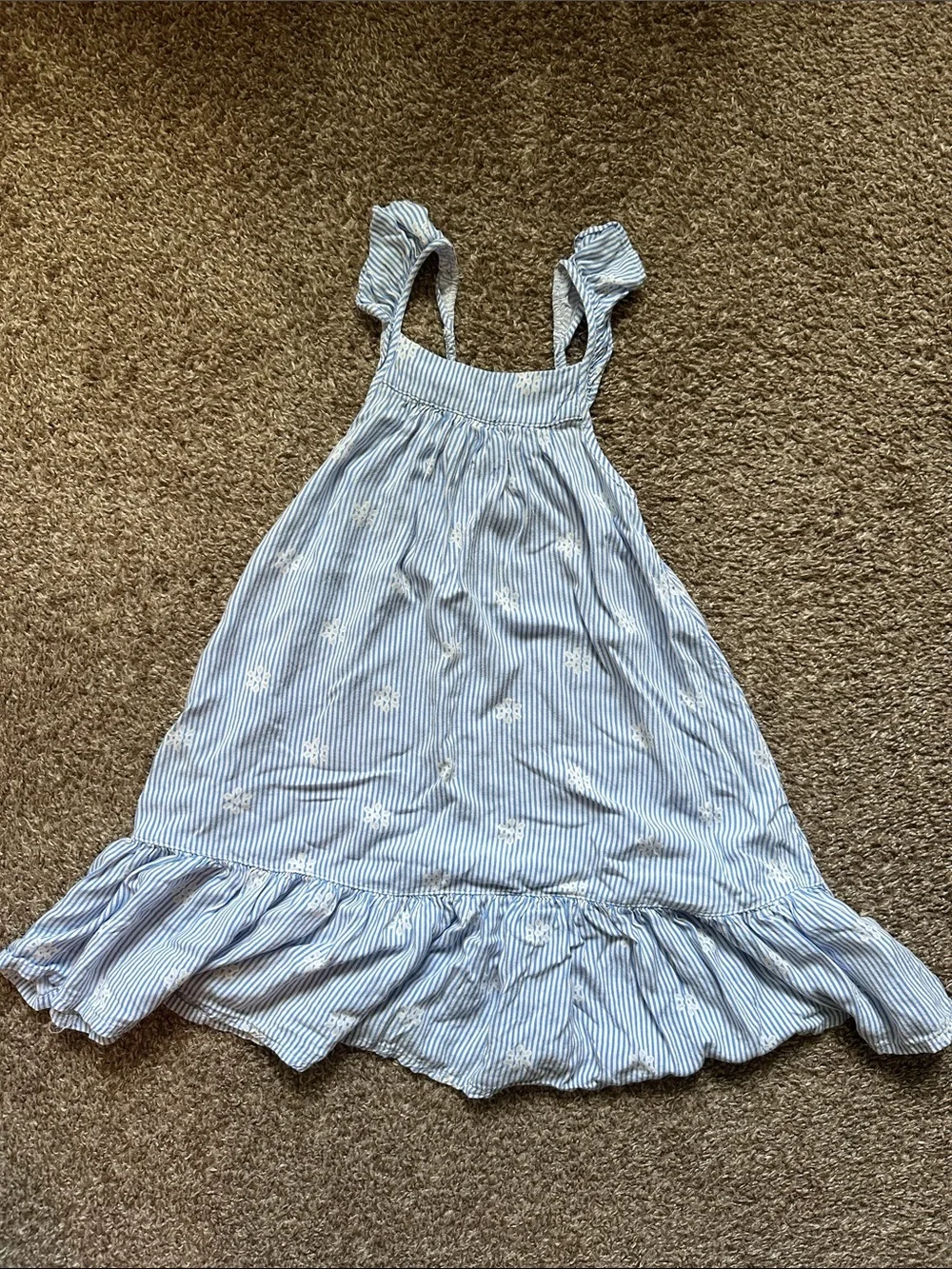 Old Navy Light Blue and White Striped Ruffle-Trim Dress